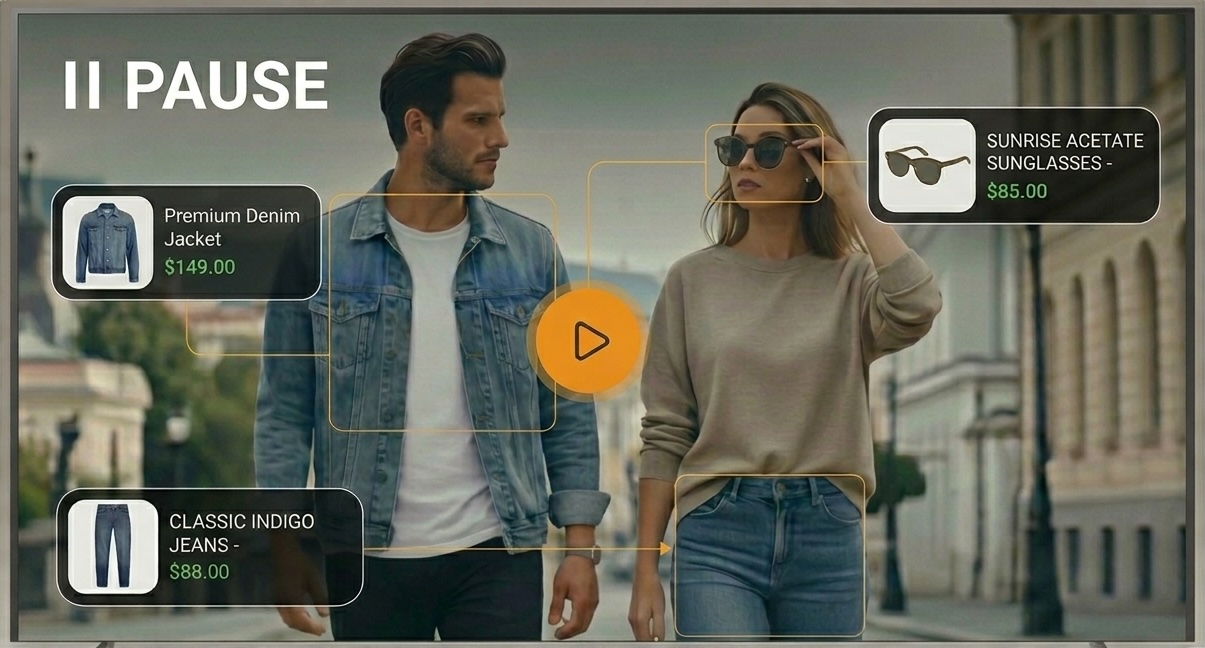 Smart TV paused on a scene with two people — AI detects and overlays 3 shoppable products: denim jacket, sunglasses, jeans