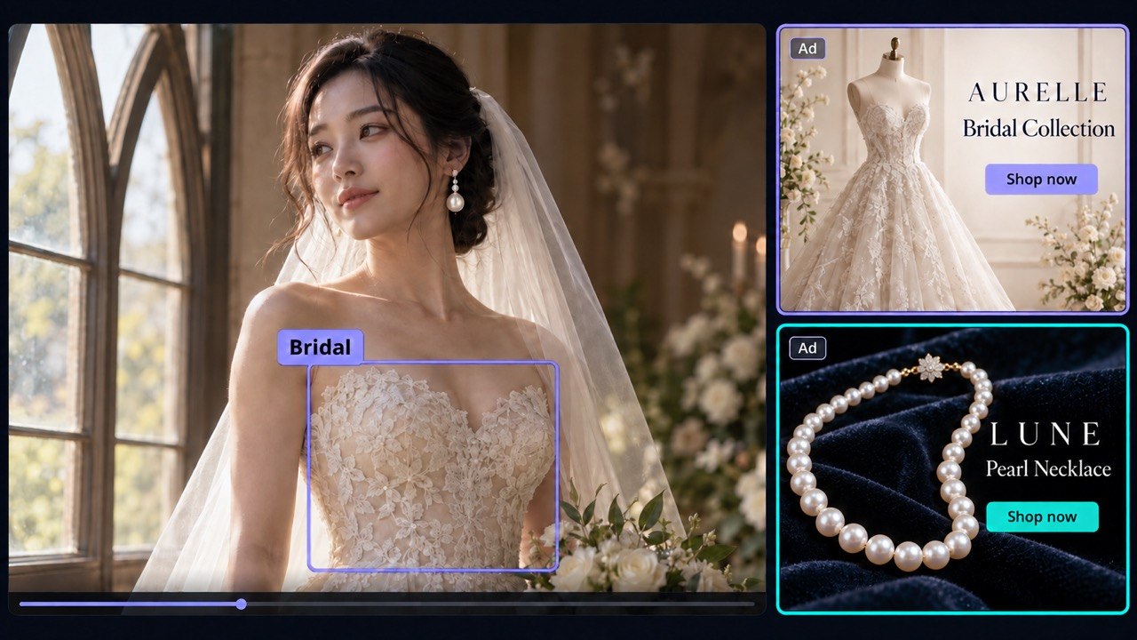 Bridal wear detected in a wedding scene, matched to bridal and jewellery ads