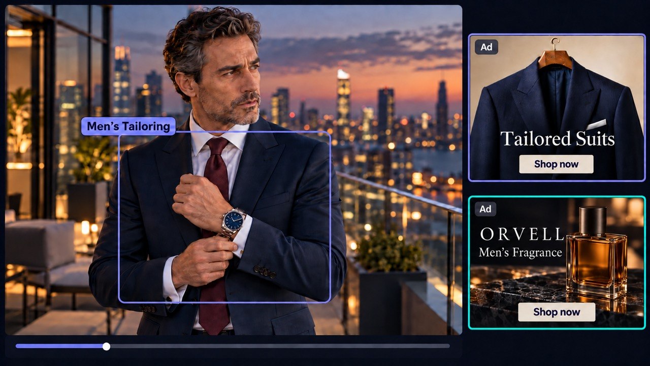 Men's tailoring detected in a rooftop scene, matched to suit and fragrance ads