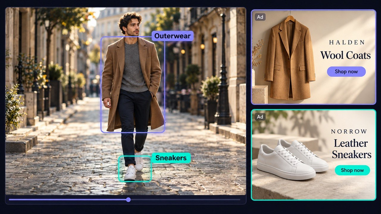 Outerwear and sneakers detected on a city street, matched to coat and sneaker ads