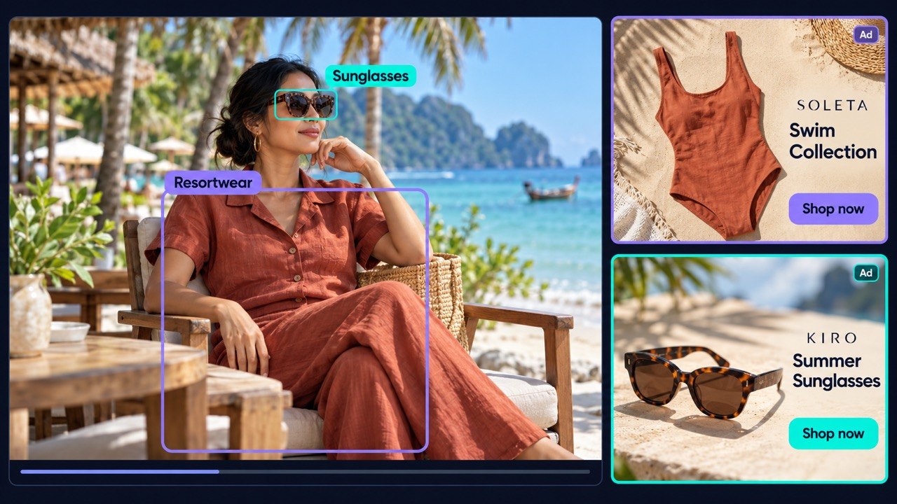 Resortwear and sunglasses detected in a beach scene, matched to swimwear and eyewear ads