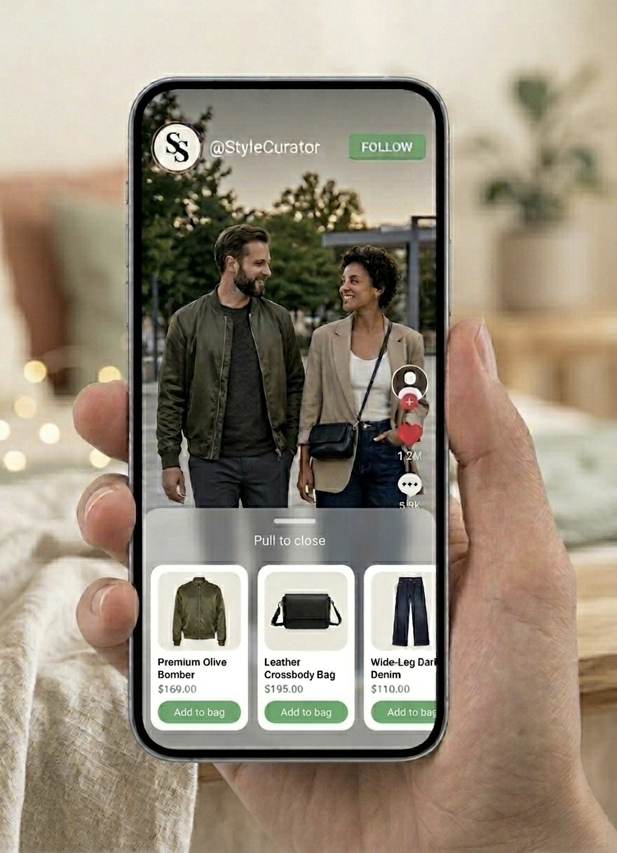 Mobile app showing video commerce with detected products and buy now buttons