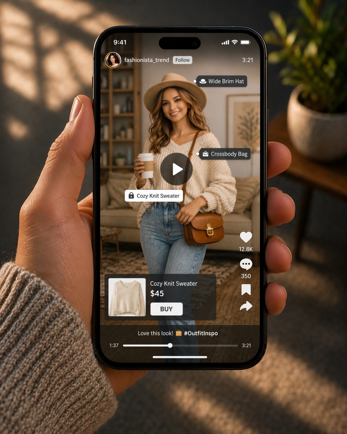 Social video with AI product tags — hat, sweater, bag detected and tagged with buy button