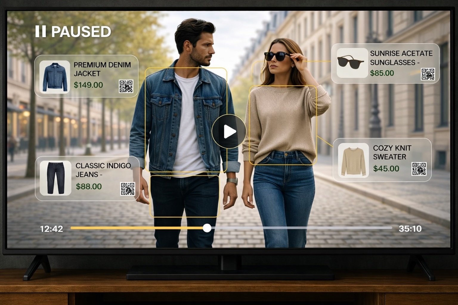 Connected TV with paused video showing shoppable overlays and QR codes