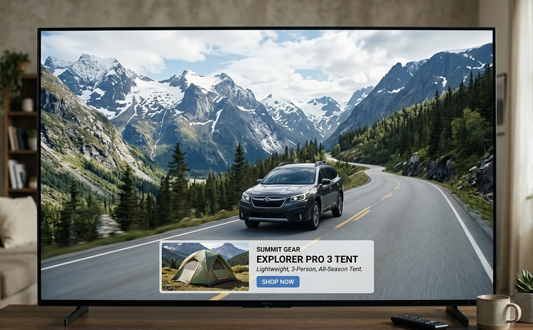 Scene-based targeting: a person sitting near a table with an empty glass receives a food delivery ad